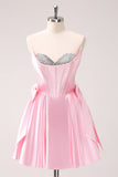 Pink A Line Strapless Corset Beaded Prom Dress with Bows