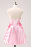 Pink A Line Strapless Corset Beaded Prom Dress with Bows