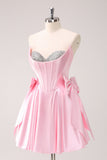 Pink A Line Strapless Corset Beaded Prom Dress with Bows