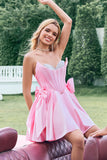 Cute Pink A Line Strapless Beaded Corset Ruffle Prom Dress with Bows