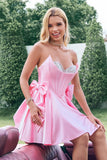 Cute Pink A Line Strapless Beaded Corset Ruffle Prom Dress with Bows