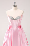 Pink A Line Strapless Corset Beaded Prom Dress with Bows