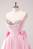 Pink A Line Strapless Corset Beaded Prom Dress with Bows