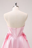 Pink A Line Strapless Corset Beaded Prom Dress with Bows