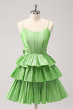 Cute A Line Corset Green Pleated Tiered Short Prom Dress with Bows