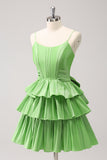 Cute A Line Corset Green Pleated Tiered Short Prom Dress with Bows