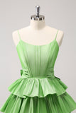 Cute A Line Corset Green Pleated Tiered Short Prom Dress with Bows