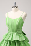 Cute A Line Corset Green Pleated Tiered Short Prom Dress with Bows