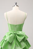 Cute A Line Corset Green Pleated Tiered Short Prom Dress with Bows