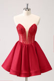 Cute Red A Line Strapless Ruffle Short Prom Dress with Beading