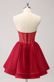 Cute Red A Line Strapless Ruffle Short Prom Dress with Beading