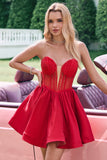 Red A Line Strapless Corset Short Ruffle Cute Prom Dress with Beading