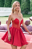 Red A Line Strapless Corset Short Ruffle Cute Prom Dress with Beading