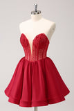 Cute Red A Line Strapless Ruffle Short Prom Dress with Beading