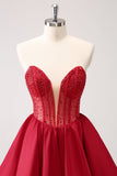 Cute Red A Line Strapless Ruffle Short Prom Dress with Beading