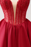 Cute Red A Line Strapless Ruffle Short Prom Dress with Beading