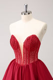 Cute Red A Line Strapless Ruffle Short Prom Dress with Beading