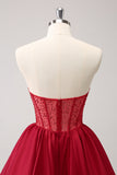 Cute Red A Line Strapless Ruffle Short Prom Dress with Beading