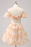 Yellow A-Line Ruffled Tulle Floral Print Prom Dress