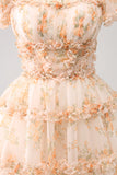 Yellow A-Line Ruffled Tulle Floral Print Prom Dress