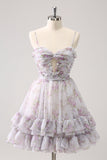 Lilac A-Line Floral Prints Ruffled Tiered Tulle Prom Dress