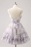 Lilac A-Line Floral Prints Ruffled Tiered Tulle Prom Dress