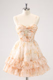 Yellow Front Twist Short A-Line Floral Prom Dress