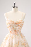 Yellow Front Twist Short A-Line Floral Prom Dress