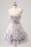 Lilac A-Line Floral Prints Ruffled Tiered Tulle Prom Dress