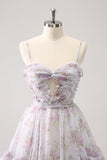 Lilac A-Line Floral Prints Ruffled Tiered Tulle Prom Dress