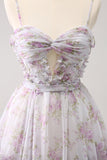 Lilac A-Line Floral Prints Ruffled Tiered Tulle Prom Dress