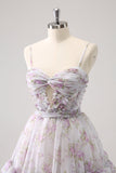 Lilac A-Line Floral Prints Ruffled Tiered Tulle Prom Dress