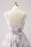 Lilac A-Line Floral Prints Ruffled Tiered Tulle Prom Dress