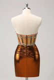 Glitter Beaded Copper Corset Pleated Strapless Short Tight Prom Dress