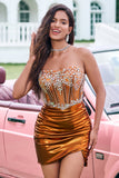 Sparkly Tight Strapless Corset Pleated Copper Prom Dress with Beading