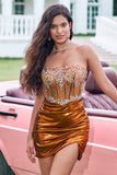 Sparkly Tight Strapless Corset Pleated Copper Prom Dress with Beading