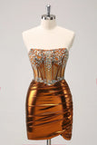 Glitter Beaded Copper Corset Pleated Strapless Short Tight Prom Dress