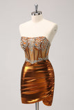 Glitter Beaded Copper Corset Pleated Strapless Short Tight Prom Dress