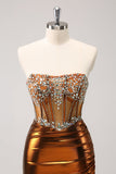 Glitter Beaded Copper Corset Pleated Strapless Short Tight Prom Dress