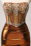 Glitter Beaded Copper Corset Pleated Strapless Short Tight Prom Dress