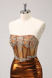 Glitter Beaded Copper Corset Pleated Strapless Short Tight Prom Dress