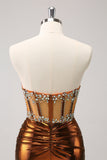 Glitter Beaded Copper Corset Pleated Strapless Short Tight Prom Dress