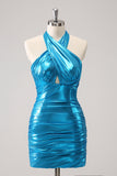 Metallic Tight Halter Backless Satin Blue Prom Dress