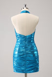 Metallic Tight Halter Backless Satin Blue Prom Dress