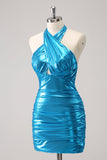 Metallic Tight Halter Backless Satin Blue Prom Dress