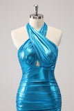 Metallic Tight Halter Backless Satin Blue Prom Dress