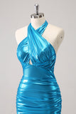 Metallic Tight Halter Backless Satin Blue Prom Dress