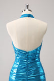 Metallic Tight Halter Backless Satin Blue Prom Dress