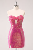 Fuchsia Hollow Out Strapless Sequins Tight Prom Dress with Slit