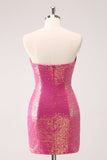 Fuchsia Hollow Out Strapless Sequins Tight Prom Dress with Slit